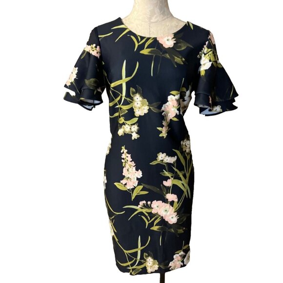 Tommy Hilfiger Dress 14 Black Pink Floral Short Sleeve Stretch Career Church - Picture 2 of 9